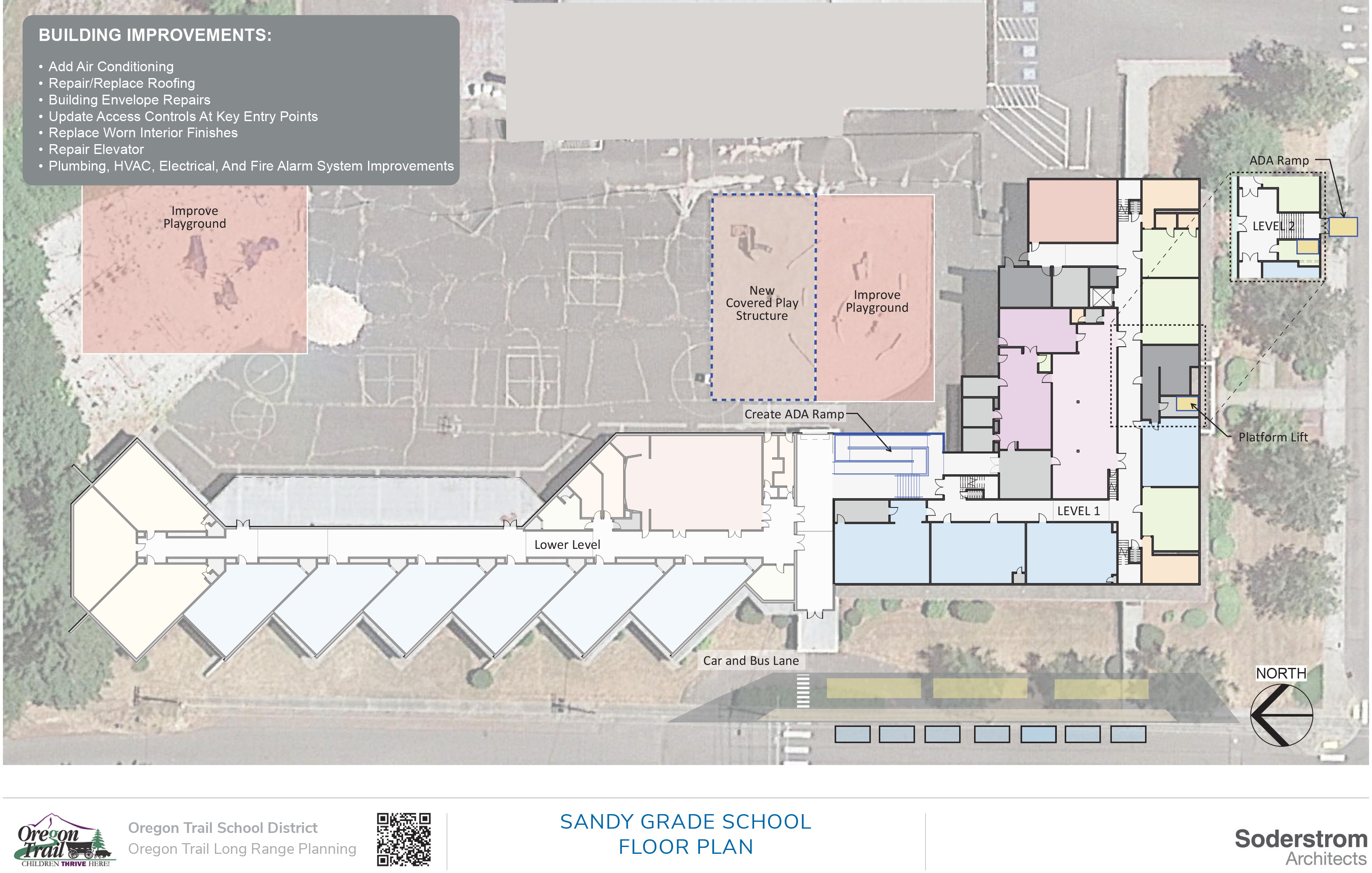 Sandy Grade School floor plan, including improvements to ADA accessibility and playground.